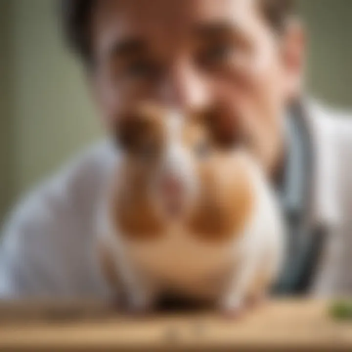 A guinea pig being examined by a veterinarian.