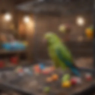 An organized parakeet cage with toys, food, and water