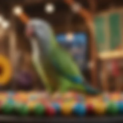 A vibrant parakeet perched on a colorful play gym