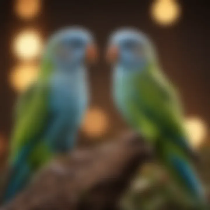 Two parakeets interacting and socializing together