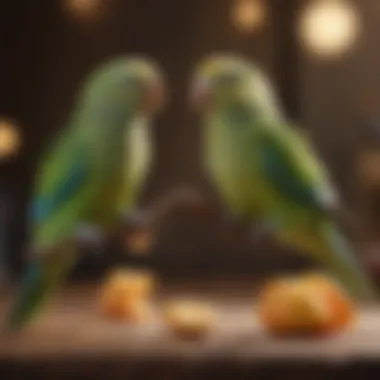 Two parakeets engaging in playful interaction, showcasing their social nature.