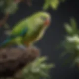 A vibrant parakeet perched on a branch in a well-designed habitat.