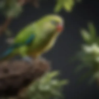 A vibrant parakeet perched on a branch in a well-designed habitat.