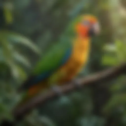 Colorful Amazon parrot perched on a branch surrounded by natural foliage