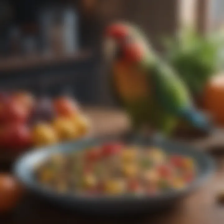 Nutritional mix for Amazon parrots in a bowl with fresh fruits and seeds