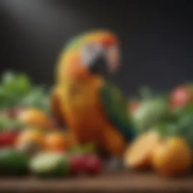 A vibrant assortment of fresh fruits and vegetables rich in vitamins for parrots