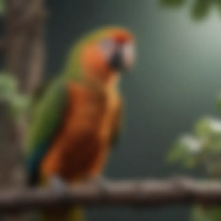 A parrot perched on a branch, showcasing its healthy plumage and vitality