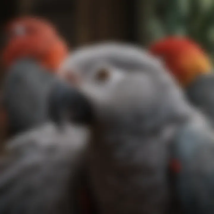 Close-up of African Grey parrot's vibrant feathers