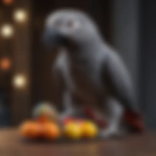 African Grey parrot perched on a colorful toy