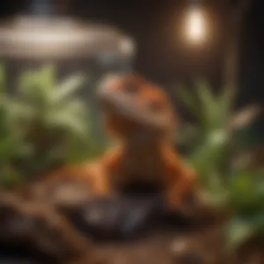 Bearded Dragon Basking in Its Habitat A vibrant bearded dragon basking under a heat lamp in a well-designed terrarium.