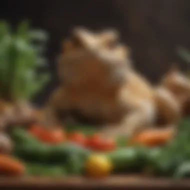 Nutritional Variety for Bearded Dragons A well-arranged diet for a bearded dragon, featuring various fresh vegetables and insects.