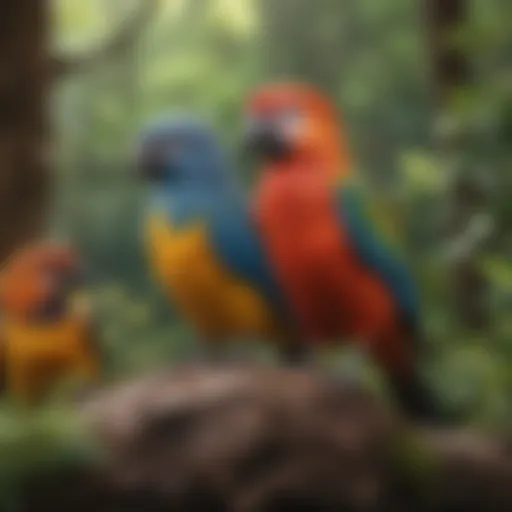 Colorful pet birds perched in a vibrant habitat