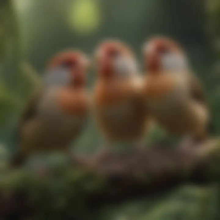 A group of cheerful finches singing together in a lush environment