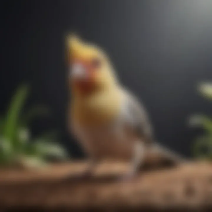 A curious cockatiel exploring its surroundings with a playful demeanor