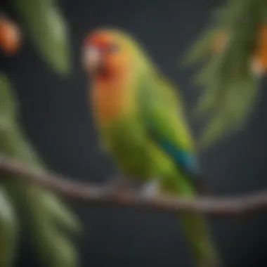 A vibrant parakeet perched on a branch, showcasing its colorful feathers