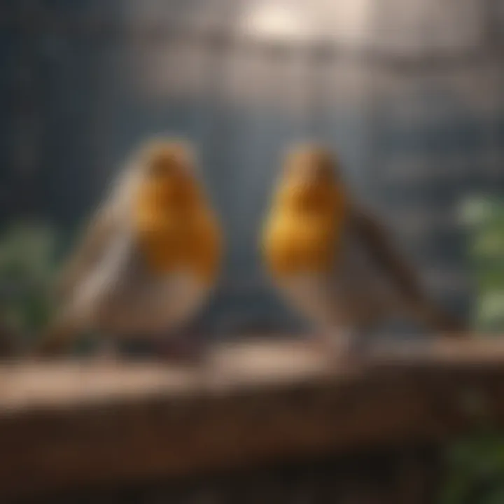 Healthy birds enjoying their habitat inside a cage