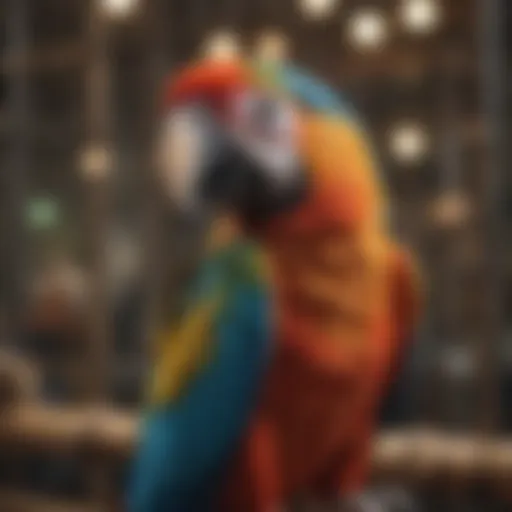 Colorful macaw perched inside a spacious cage
