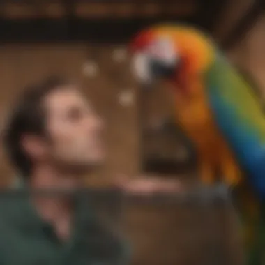 Owner interacting with a macaw in its cage