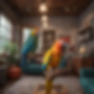 Spacious and colorful parrot cage in a cozy living room