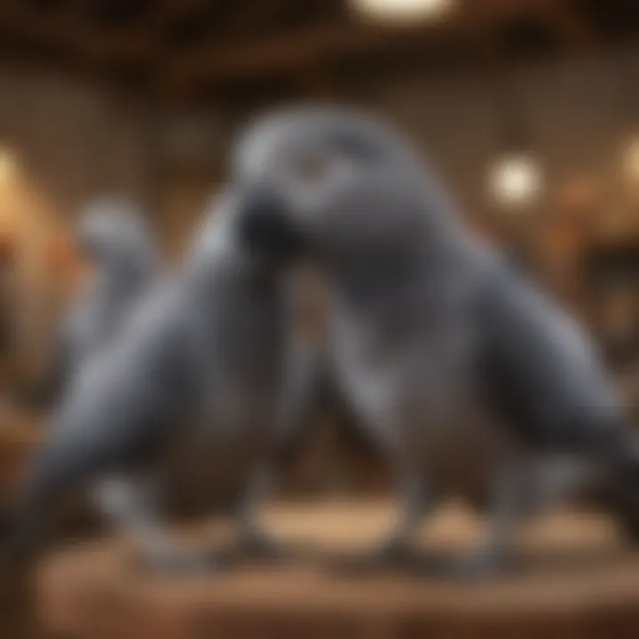 An assortment of African Gray birds available for sale in a vibrant pet shop setting.