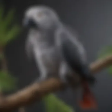 A stunning African Gray parrot perched elegantly on a branch, showcasing its vibrant feathers and intelligent gaze.