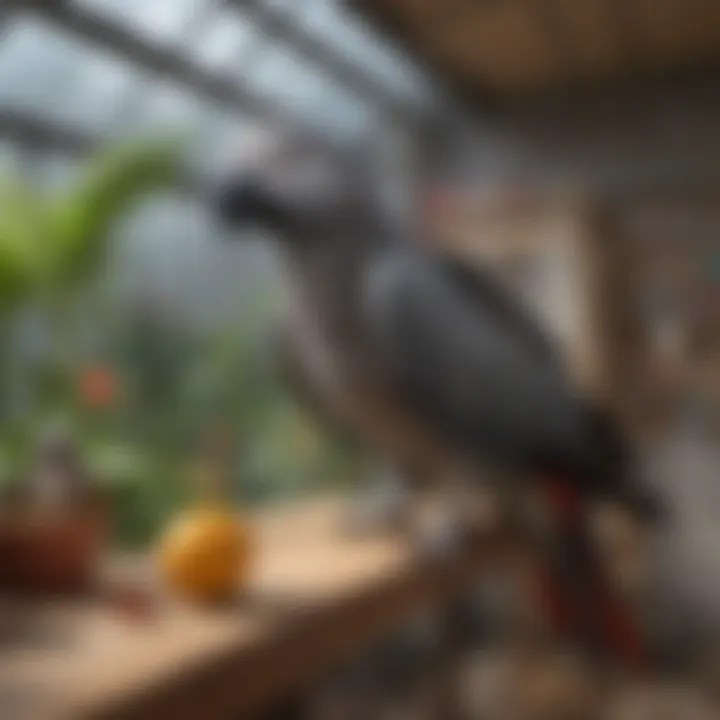 A cozy aviary environment designed for African Grey parrots, illustrating their need for space and enrichment.