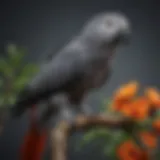 A vibrant African Grey parrot perched gracefully on a branch, showcasing its striking plumage.