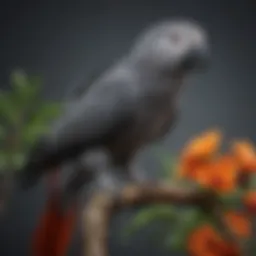 A vibrant African Grey parrot perched gracefully on a branch, showcasing its striking plumage.