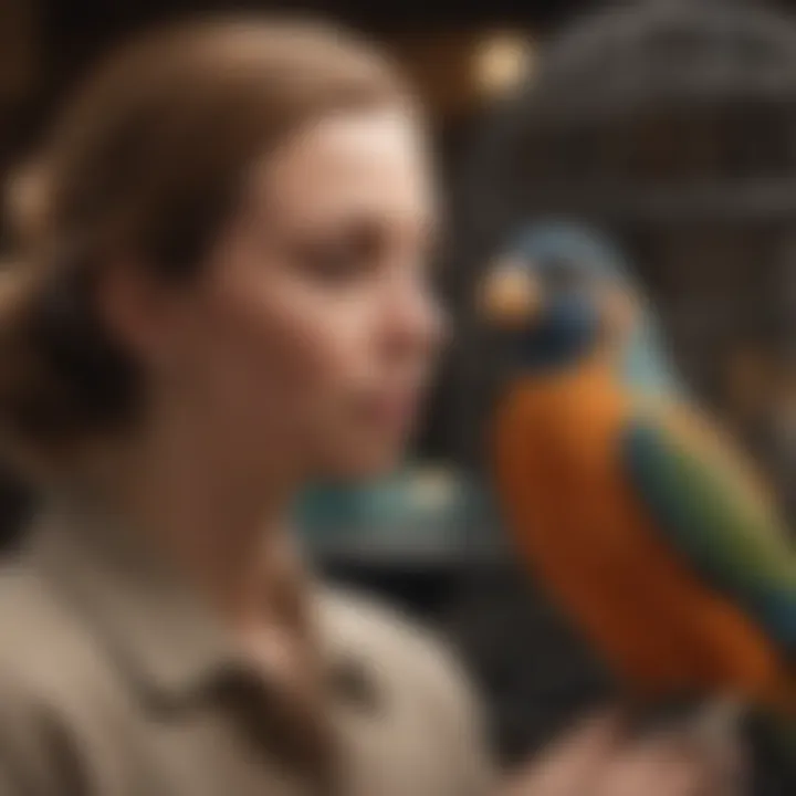 A thoughtful bird owner interacting with their pet bird, emphasizing the bond between them.