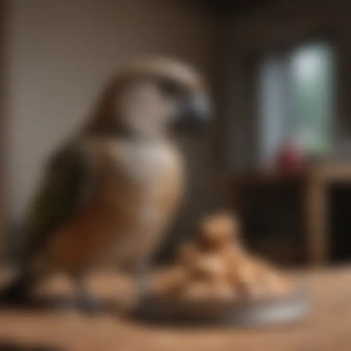 An engaging scene of a pet bird being trained with treats.