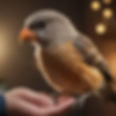 A close-up of a bird owner's hand gently interacting with a pet bird, demonstrating care.