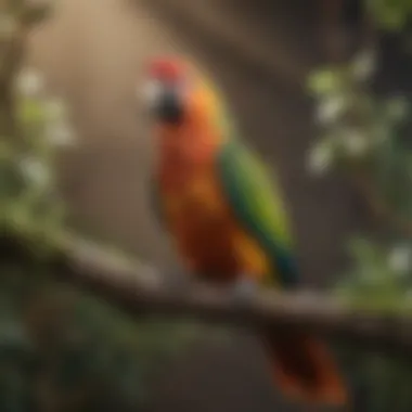 A vibrant parrot perched on a branch, showcasing its colorful feathers.