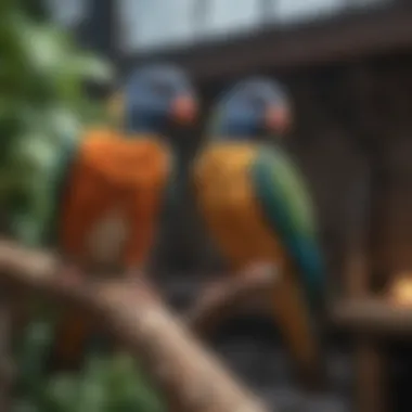 Different types of perches for pet birds in an aviary