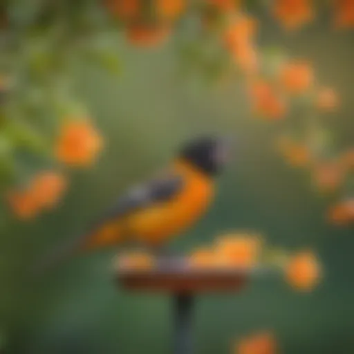 A vibrant Baltimore Oriole perched on a colorful feeder filled with nectar