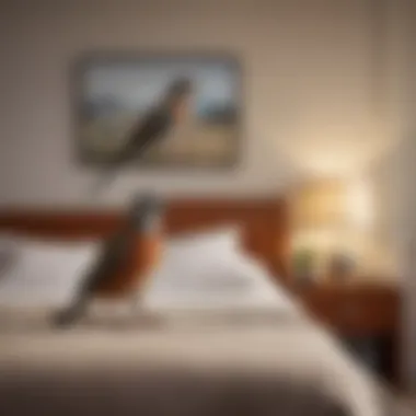 Integrating Birds into Bedroom Spaces A cozy bedroom with a bird perched on the bed's headboard, showcasing the integration of avian companionship.