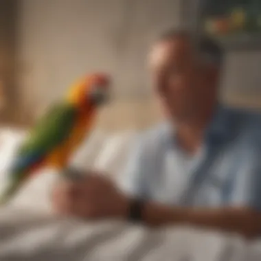 The Bond Between Birds and Their Owners A playful parrot interacting with its owner on a bed, highlighting the bond between pet birds and their caregivers.