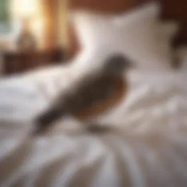 The Calming Effects of Avian Companionship A serene moment of relaxation with a bird calmly resting on the bed, illustrating the calming effects of avian companionship.