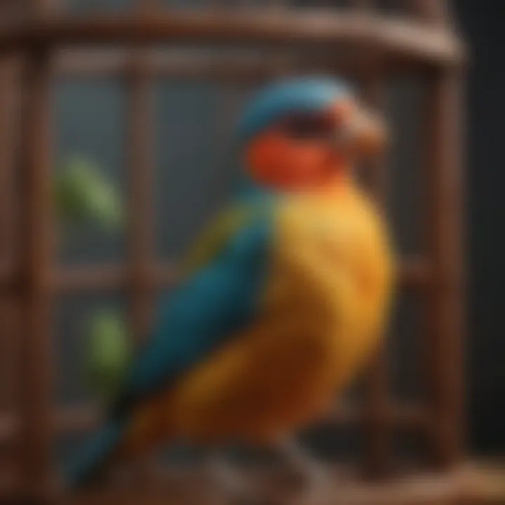 A colorful pet bird perched comfortably inside a wooden cage with natural materials