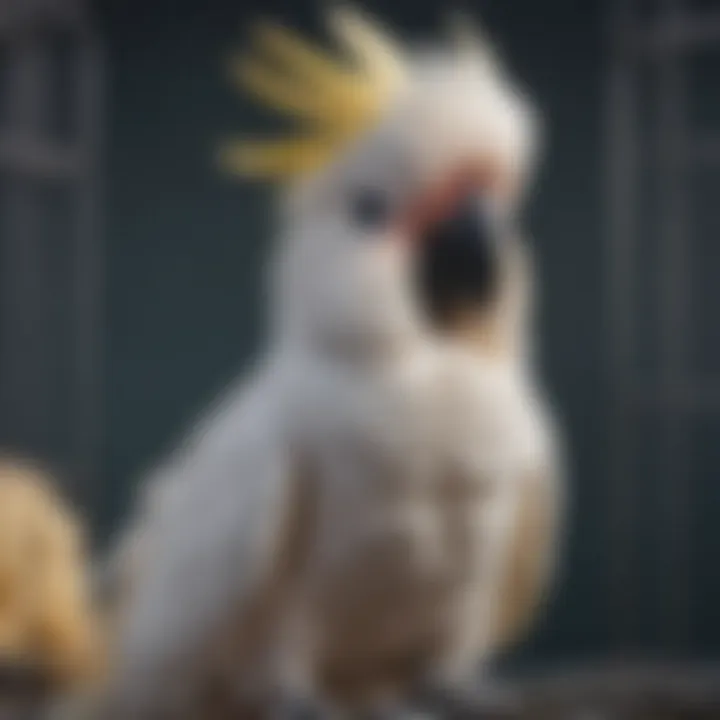 A happy cockatoo perched inside a large, comfortable cage.