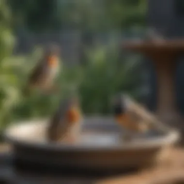 Birds enjoying a water source in a heated bird bath during a cold day.