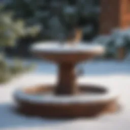 A serene bird bath surrounded by snow, featuring a heater to keep water unfrozen.