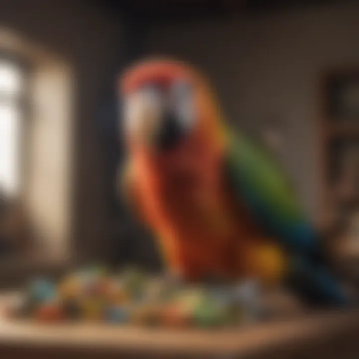 Parrot engaging with a puzzle toy in its habitat