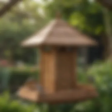 Close-up view of a wooden bird feeder in a garden setting