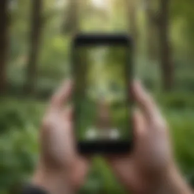 A person using a smartphone app to identify bird songs in a lush green park setting.