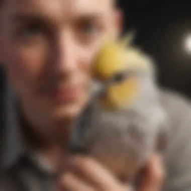 Cockatiel perched on a hand, showing affection