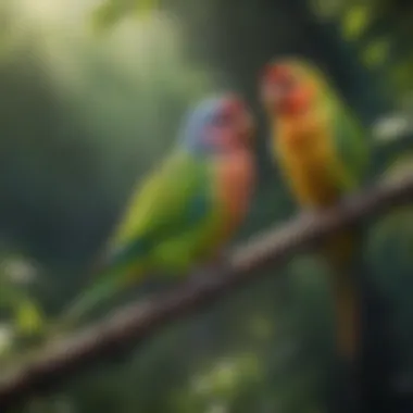 Colorful parakeets perched on a branch