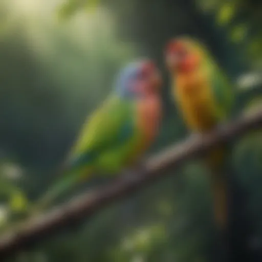 Colorful parakeets perched on a branch