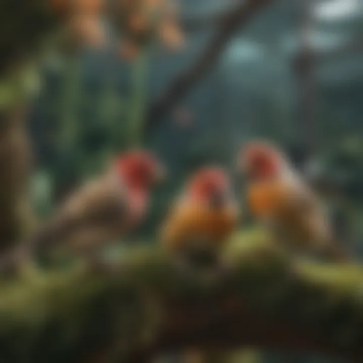 Finches in a vibrant aviary setting