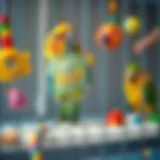 Colorful toys for pet birds in a cage