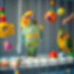 Colorful toys for pet birds in a cage